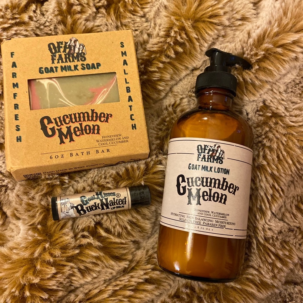 Brand new cucumber melon goat milk lotion, soap and lip balm